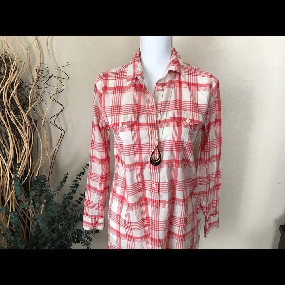 J.Crew Red White Plaid Pullover Shirt Long Sleeve Half Button Front Top XS